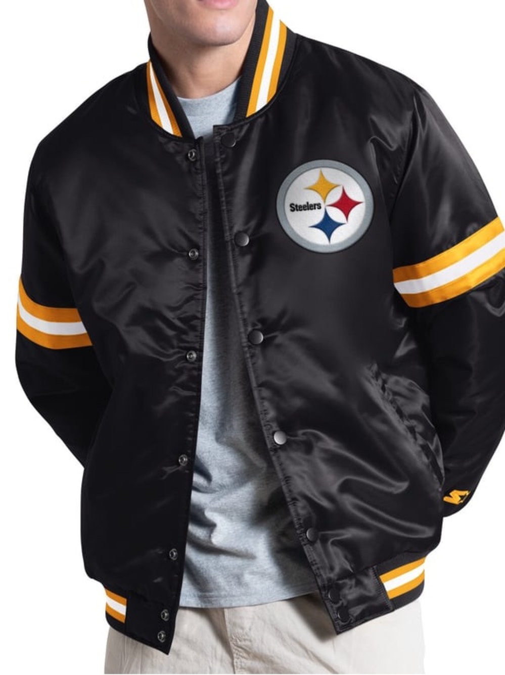 STARTER PITTSBURGH STEELERS STARTER COURT-SIDE VARSITY FULL SNAP JAXKET BLACK -